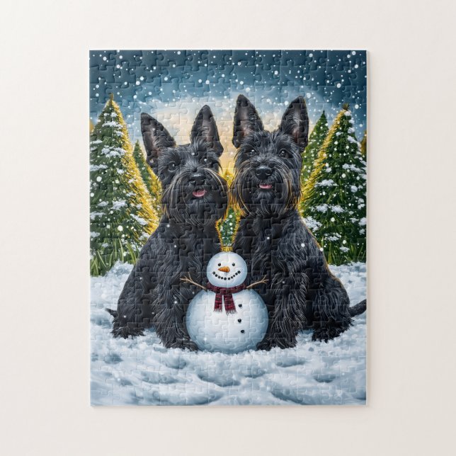 Quebra-cabeça Scottish Terriers and Winter Snowman (Vertical)