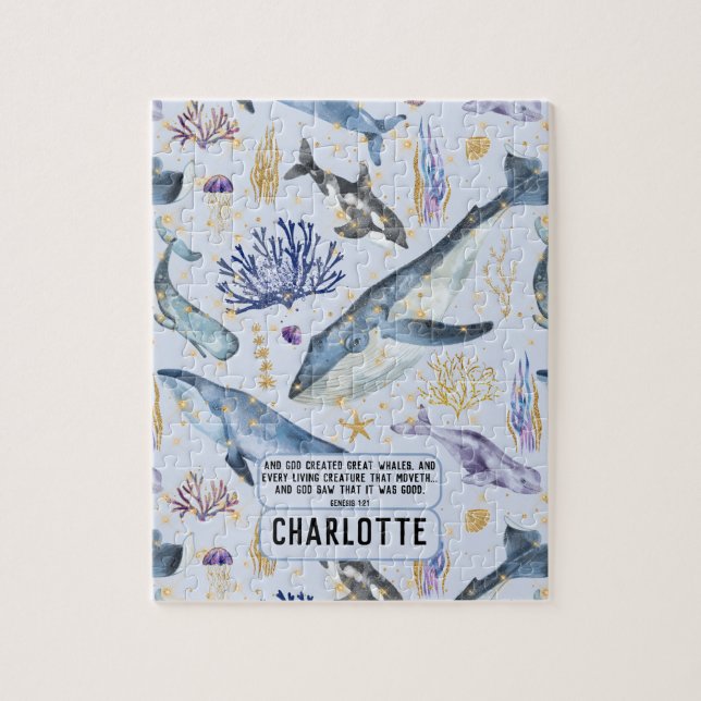 Quebra-cabeça Sea Life Whales Christian Bíblia Verse Name Gift (Vertical)