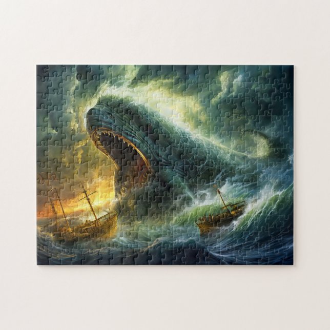 Quebra-cabeça Sea Monster Emerging from Waves Fantasy Painting (Horizontal)
