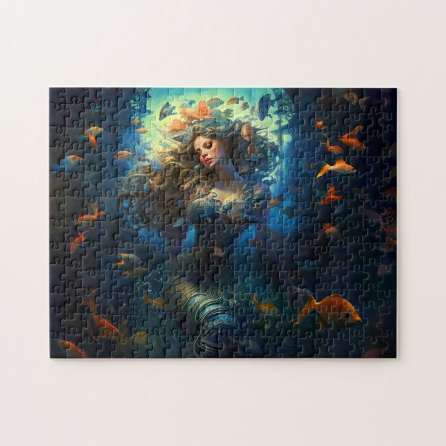 Quebra-cabeça Sea Nymph Surrounded by Fish Fantasy Painting (Horizontal)