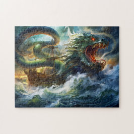 Quebra-cabeça Sea Serpent Attacking Ship in Storm Fantasy Painti