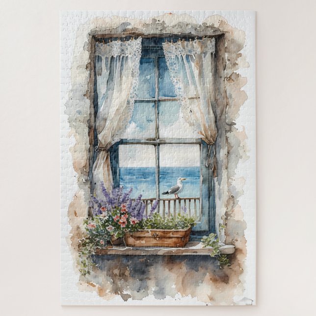Quebra-cabeça Seaside Window View Watercolor Coastal Scene (Vertical)