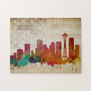 Quebra-cabeça Seattle, skyline da cidade da aguarela de WA  