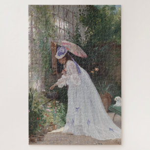 Quebra-cabeça Senhora em um jardim cuidando de suas flores apaix