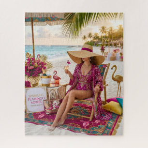 Quebra-cabeça Senhora Glam Chic com Tema de Flamingo na Praia Tr