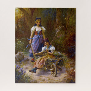 Quebra-cabeça Senhoras Da Vintage E Barrow De Rodas Na Floresta