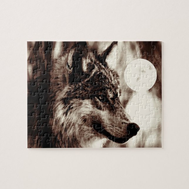 Quebra-cabeça Sepia Wolf Motivational Freedom Night Fulmoon (Horizontal)