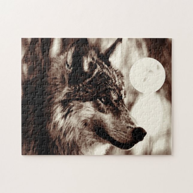 Quebra-cabeça Sepia Wolf Motivational Freedom Night Fulmoon (Horizontal)