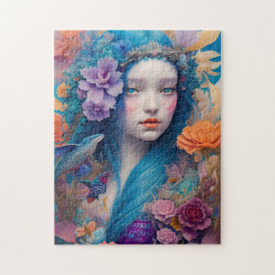 Quebra-cabeça Sereia com Flores de Cabelo Azul e Peixes Voadores