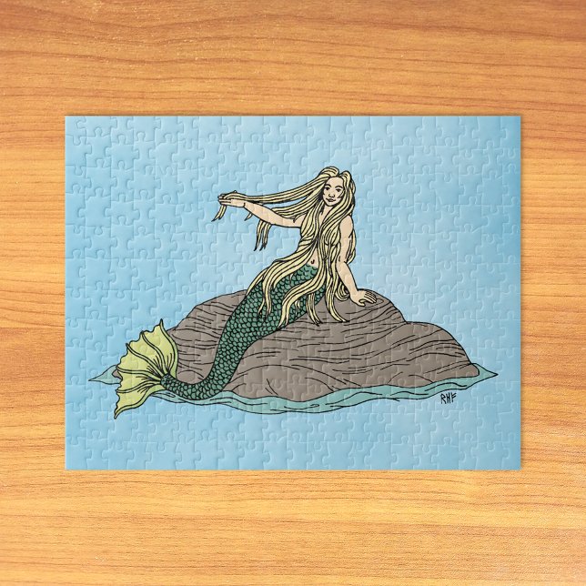 Quebra-cabeça Sereia em Rocks (Mermaid on Rocks Jigsaw Puzzle on Table)