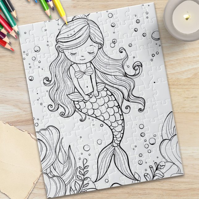Quebra-cabeça Sereia Fofa Colorido Oceano (Cute Mermaid Ocean Coloring Jigsaw Puzzle)