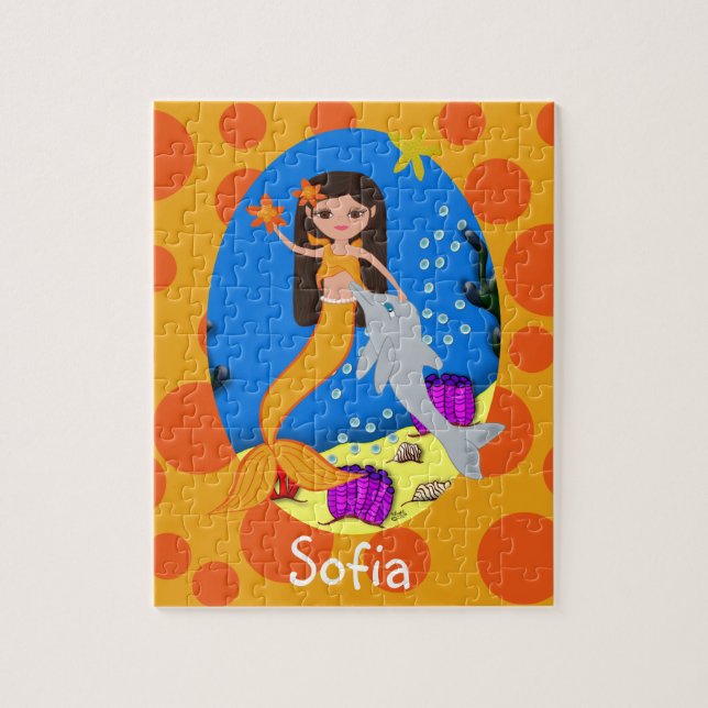 Quebra-cabeça Sereia Laranja no Oceano com um Golfinho (Vertical)