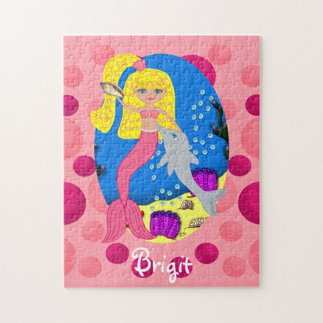 Quebra-cabeça Sereia rosa no oceano com golfinho (Vertical)