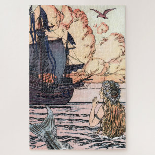Quebra-cabeça Sereia Vintage No Mar Olhando Para O Navio De Nave