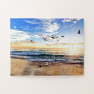 Quebra-cabeça Serene Birds Blue Sky Ouro Ocean Sunrise Quebra-ca