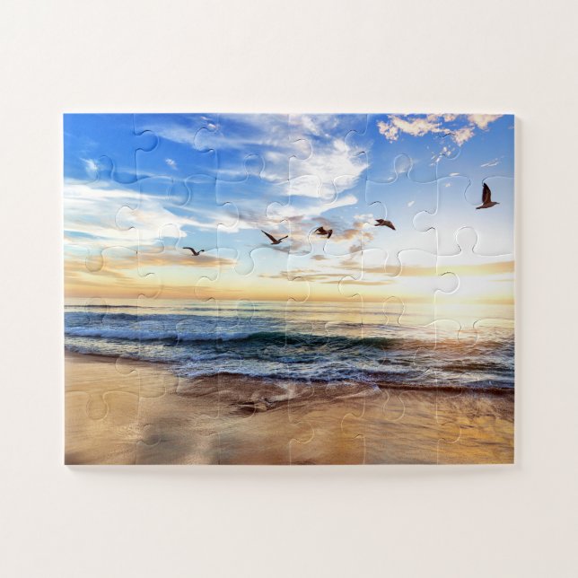 Quebra-cabeça Serene Birds Blue Sky Ouro Ocean Sunrise Quebra-ca (Horizontal)