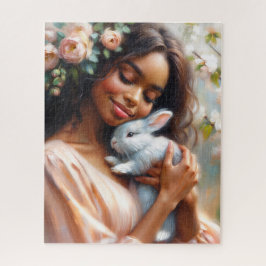 Quebra-cabeça Serene Black Woman With Rabbit Floral Art Puzzle