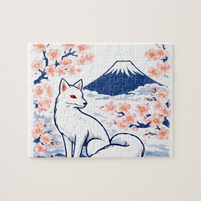 Quebra-cabeça Serene Fox & Mount Fuji – Japanese Spring (Horizontal)