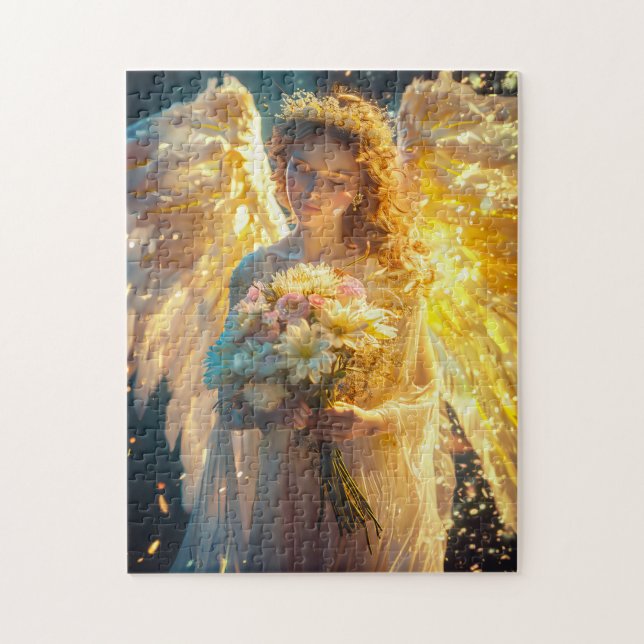 Quebra-cabeça Serenidade Celestial Anjo Feminino com um Buquê (Vertical)