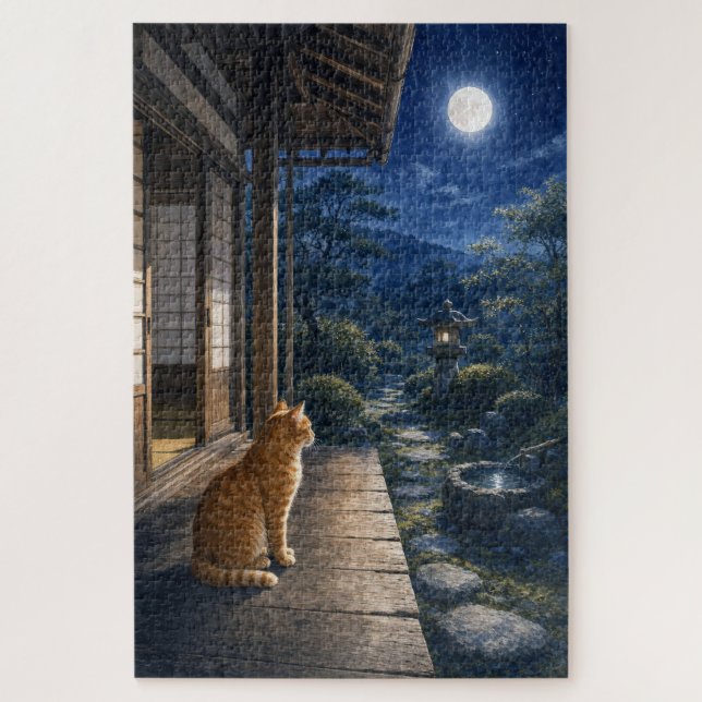 Quebra-cabeça series_3_9｜Moonlight Veranda Tabby Cat Art (Vertical)