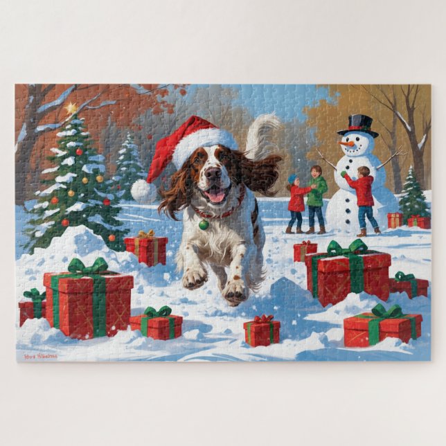 Quebra-cabeça Setter Inglês Correndo na Neve com Chapéu de Natal (Horizontal)