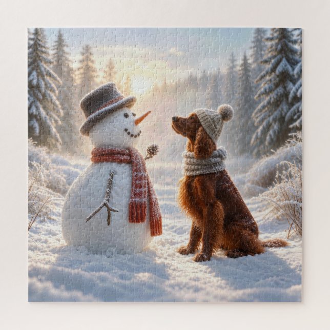 Quebra-cabeça Setter Irlandês com um Boneco de Neve (Vertical)