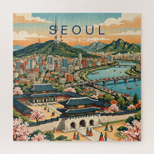 Quebra-cabeça Seul Coreia do Sul Viagem Arte Vintage