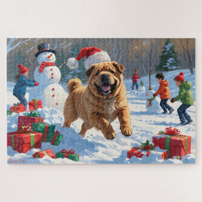 Quebra-cabeça Shar Pei correndo em neve com chapéu de Natal (Horizontal)