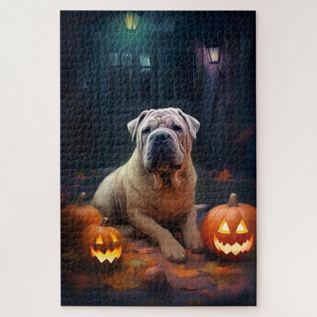 Quebra-cabeça Shar Pei de Halloween com Abóboras Assustadoras (Vertical)