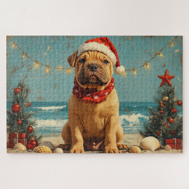 Quebra-cabeça Shar Pei Dog Christmas Vintage Beach (Horizontal)