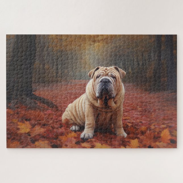 Quebra-cabeça Shar Pei no Outono Folhas Caem Inspiram (Horizontal)