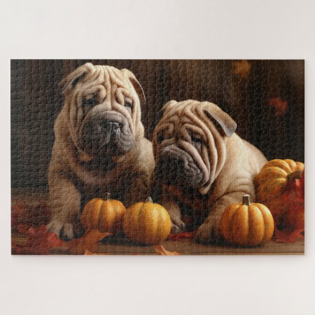 Quebra-cabeça Shar Pei Puppy Autumn Delight Pumpkin (Horizontal)