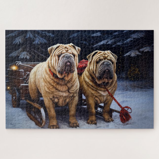 Quebra-cabeça Shar Pei Snowy Sleigh Decência de Natal (Horizontal)