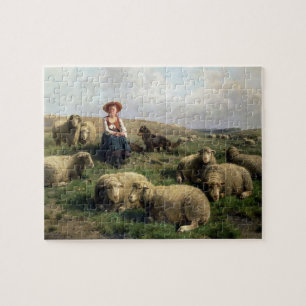 Quebra-cabeça Shepherdess com carneiros em uma paisagem
