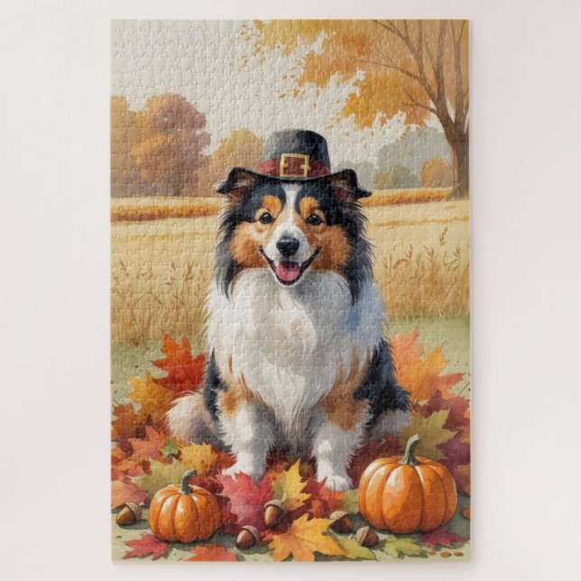 Quebra-cabeça Shetland Sheepdog Autumn Deixa a arte de Ação de G (Vertical)