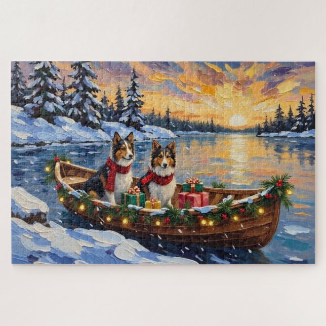 Quebra-cabeça Shetland Sheepdog Christmas Boat Holiday (Horizontal)