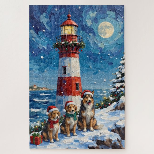Quebra-cabeça Shetland Sheepdog Christmas Lighthouse Holiday (Vertical)