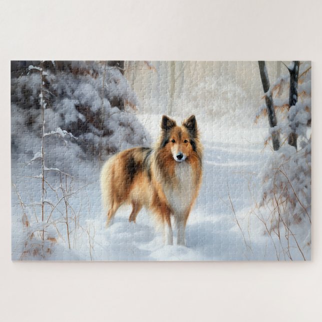 Quebra-cabeça Shetland Sheepdog Deixe Cair a Neve Natal (Horizontal)