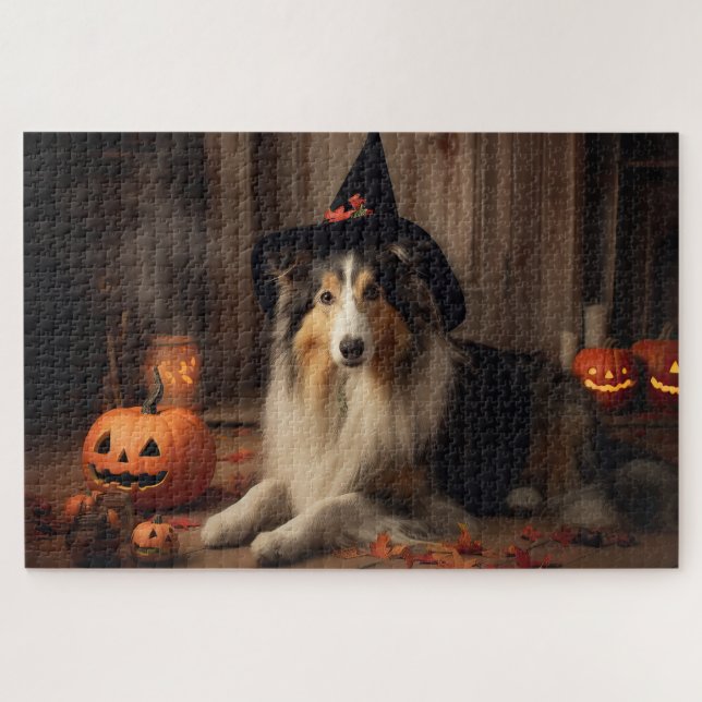 Quebra-cabeça Shetland Sheepdog Pumpkins Halloween Assustado (Horizontal)