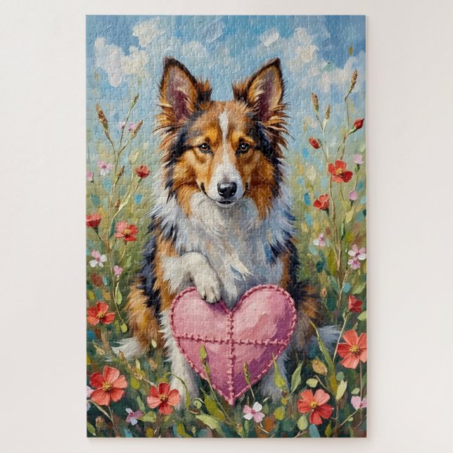 Quebra-cabeça Shetland Sheepdog Valentine's Day Heart Pillow (Vertical)