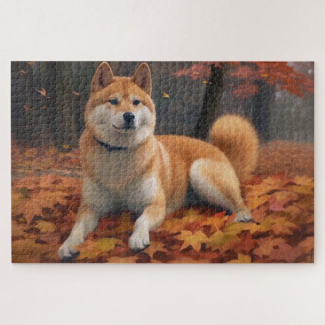 Quebra-cabeça Shib Inu no outono deixa cair inspiração (Horizontal)