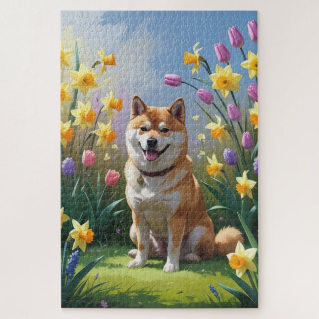 Quebra-cabeça Shiba Inu Cachorro Flores (Vertical)