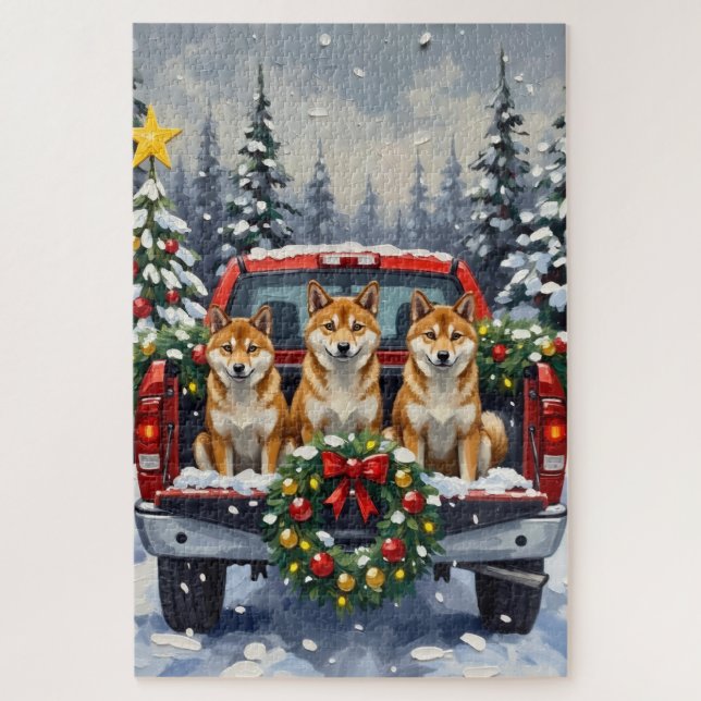 Quebra-cabeça Shiba Inu Christmas Red Truck Holiday (Vertical)