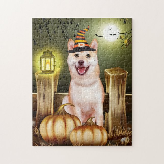 Quebra-cabeça Shiba Inu com o Halloween das Bruxas (Vertical)