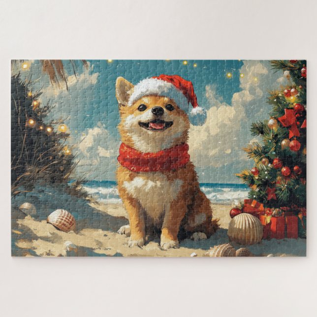 Quebra-cabeça Shiba Inu Dog Christmas Vintage Beach (Horizontal)