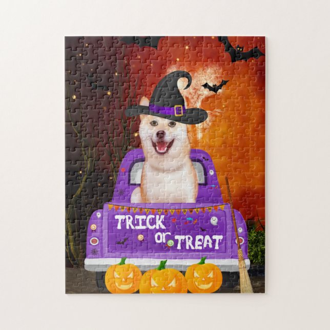 Quebra-cabeça shiba inu Dog in Halloween Truck (Vertical)