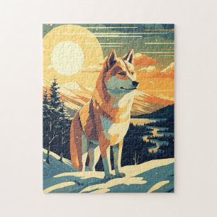 Quebra-cabeça Shiba Inu nas montanhas nevadas durante o pôr do s