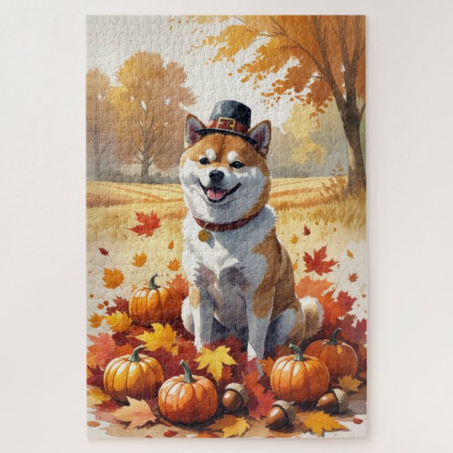 Quebra-cabeça Shiba Inu No Outono Deixa Arte De Ação De Graças (Vertical)