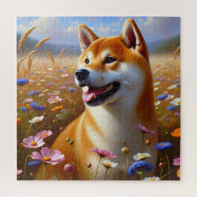 Quebra-cabeça Shiba Inu Wildflower Field Oil Painting (Vertical)