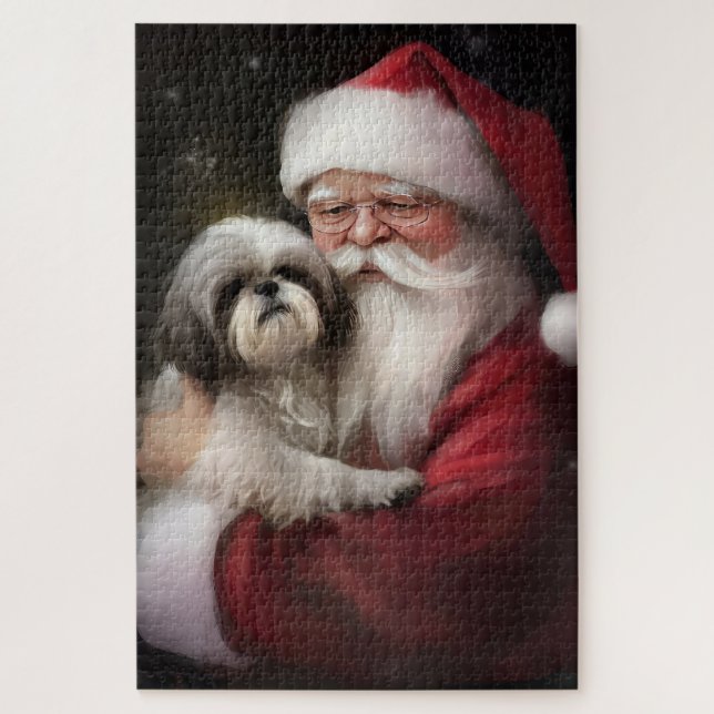 Quebra-cabeça Shih Tzu Com Papai Noel Natal Festivo (Vertical)
